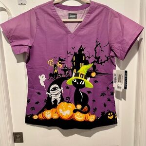 NWT Butter-Soft Originals Scrub Top Halloween Black Cat, Mummy, Haunted House